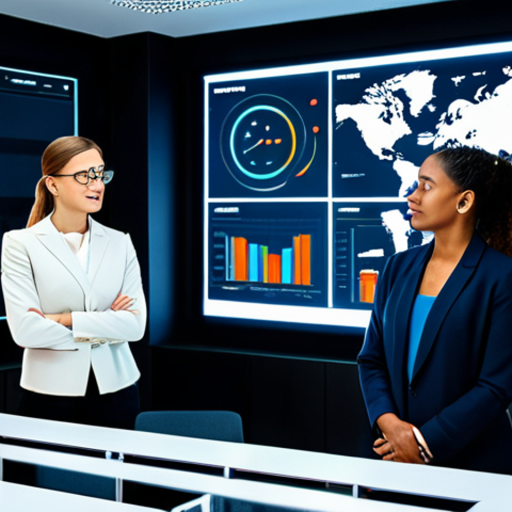**
"A team of diverse business professionals collaborating around a large screen displaying data visualizations. The scene is a modern office with bright lighting. They are fully clothed in appropriate business attire, analyzing trends and making data-driven decisions. Safe for work, professional environment, perfect anatomy, natural proportions, high quality."
**