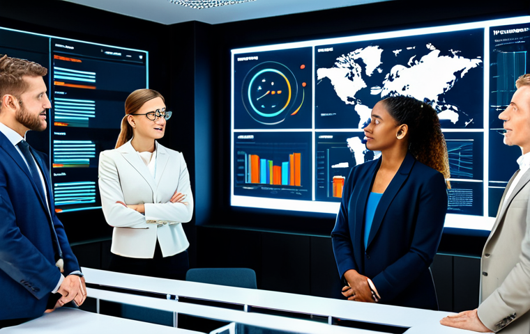 **
"A team of diverse business professionals collaborating around a large screen displaying data visualizations. The scene is a modern office with bright lighting. They are fully clothed in appropriate business attire, analyzing trends and making data-driven decisions. Safe for work, professional environment, perfect anatomy, natural proportions, high quality."
**