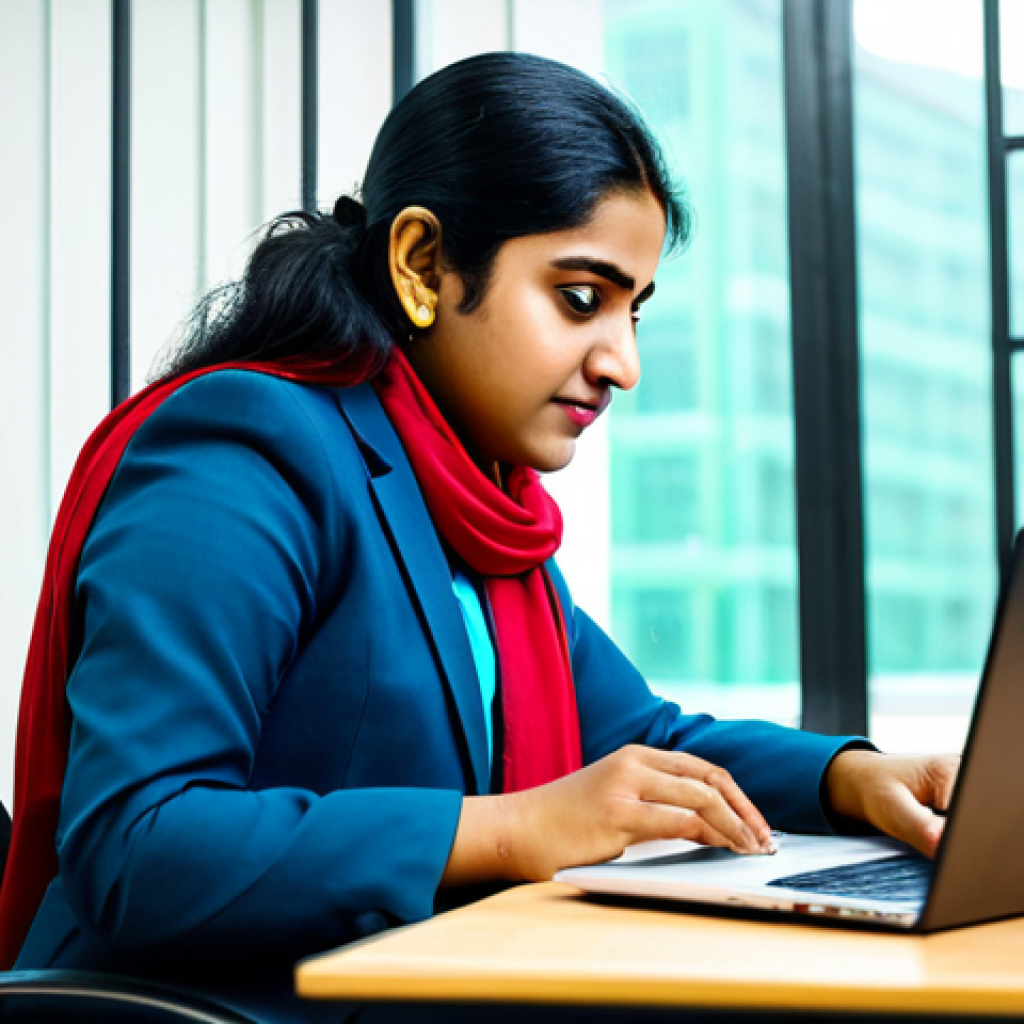 **
A professional woman in a fully clothed, modest business suit, working at a sleek, modern laptop in a vibrant, bustling Dhaka office. The background includes subtle Bengali cultural elements. Safe for work, appropriate content, perfect anatomy, natural proportions, professional setting.
**