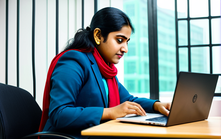 **
A professional woman in a fully clothed, modest business suit, working at a sleek, modern laptop in a vibrant, bustling Dhaka office. The background includes subtle Bengali cultural elements. Safe for work, appropriate content, perfect anatomy, natural proportions, professional setting.
**