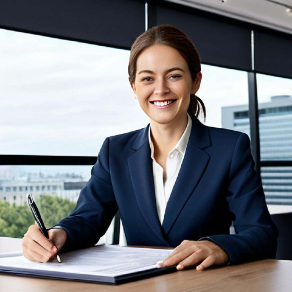 **
A professional businesswoman in a modest business suit, sitting at a desk in a modern office, fully clothed, appropriate attire, safe for work, perfect anatomy, natural proportions, professional photography, high quality. She is smiling gently while reviewing documents. The office has large windows with a city view.
**