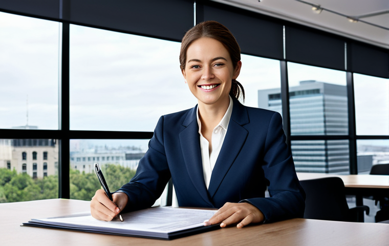 **
A professional businesswoman in a modest business suit, sitting at a desk in a modern office, fully clothed, appropriate attire, safe for work, perfect anatomy, natural proportions, professional photography, high quality. She is smiling gently while reviewing documents. The office has large windows with a city view.
**