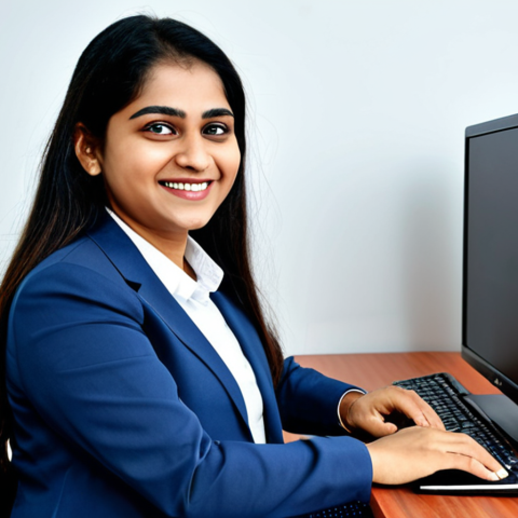 **
A professional woman, fully clothed in modest business attire, sitting at a desk with a computer. The screen displays the website of the "জাতীয় ভোক্তা অধিকার সংরক্ষণ অধিদপ্তর" (National Consumer Rights Protection Department). She is smiling confidently. Background is a clean, modern office. Safe for work, appropriate content, family-friendly, perfect anatomy, natural pose, well-formed hands, proper finger count, high quality.
**