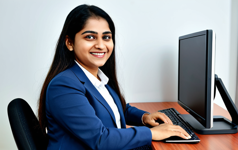 **
A professional woman, fully clothed in modest business attire, sitting at a desk with a computer. The screen displays the website of the "জাতীয় ভোক্তা অধিকার সংরক্ষণ অধিদপ্তর" (National Consumer Rights Protection Department). She is smiling confidently. Background is a clean, modern office. Safe for work, appropriate content, family-friendly, perfect anatomy, natural pose, well-formed hands, proper finger count, high quality.
**