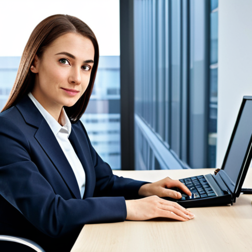**
"A professional businesswoman in a modest business suit, sitting at a desk in a modern office, fully clothed, appropriate attire, safe for work, perfect anatomy, natural proportions, professional photography, high quality"
**