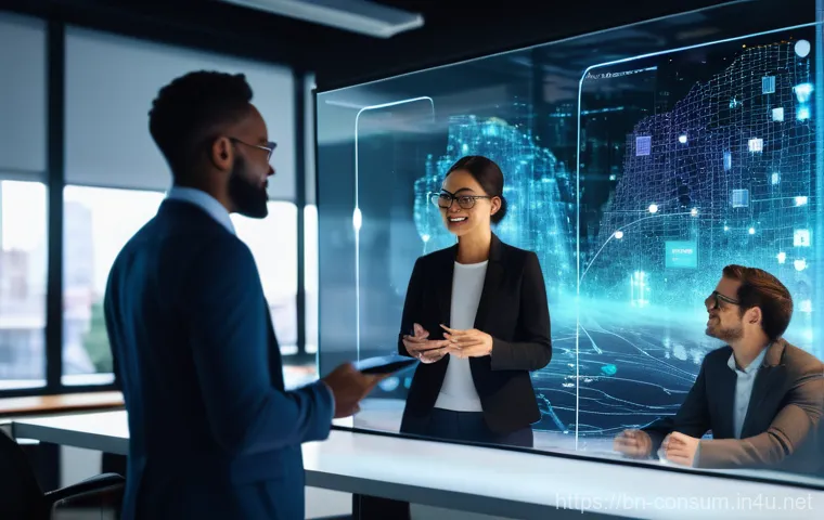 소비자 행동 데이터 활용과 실무 적용 사례 - **Prompt:** A diverse group of three business professionals (two men, one woman, all fully clothed i...