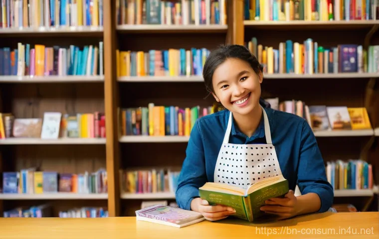 소비자중심 경영의 주요 성공 요인과 사례 연구와 분석 - **Prompt:** A warm, inviting scene inside a cozy, independent bookstore. A friendly, smiling female ...