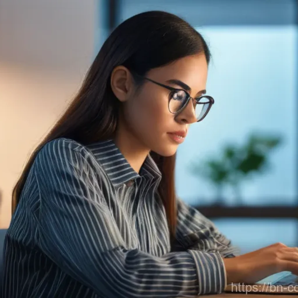 소비자 보호와 관련된 국제적 사례 연구 - **Online Vigilance Against Scams:** A young woman, appearing to be in her late 20s, is seated at a w...