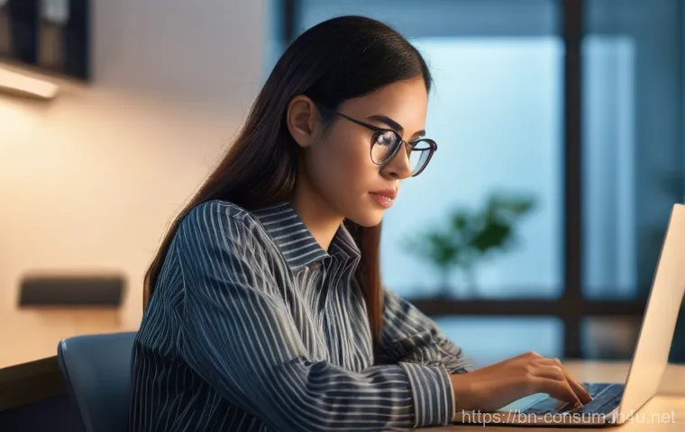 소비자 보호와 관련된 국제적 사례 연구 - **Online Vigilance Against Scams:** A young woman, appearing to be in her late 20s, is seated at a w...