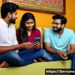 소비자 행동 연구와 데이터 활용 사례 - A detailed scene showing a Bengali family gathered around a modern living room, discussing a new ele...