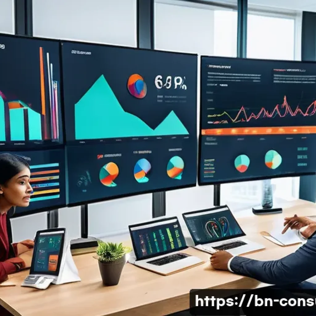 소비자 행동 데이터를 활용한 글로벌 성공 사례 연구와 분석 - A detailed digital marketing team analyzing diverse customer behavior data on multiple large screens...