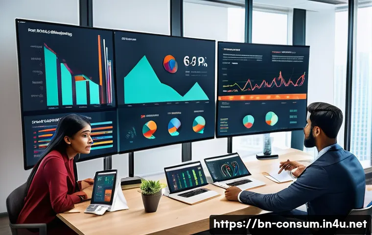소비자 행동 데이터를 활용한 글로벌 성공 사례 연구와 분석 - A detailed digital marketing team analyzing diverse customer behavior data on multiple large screens...