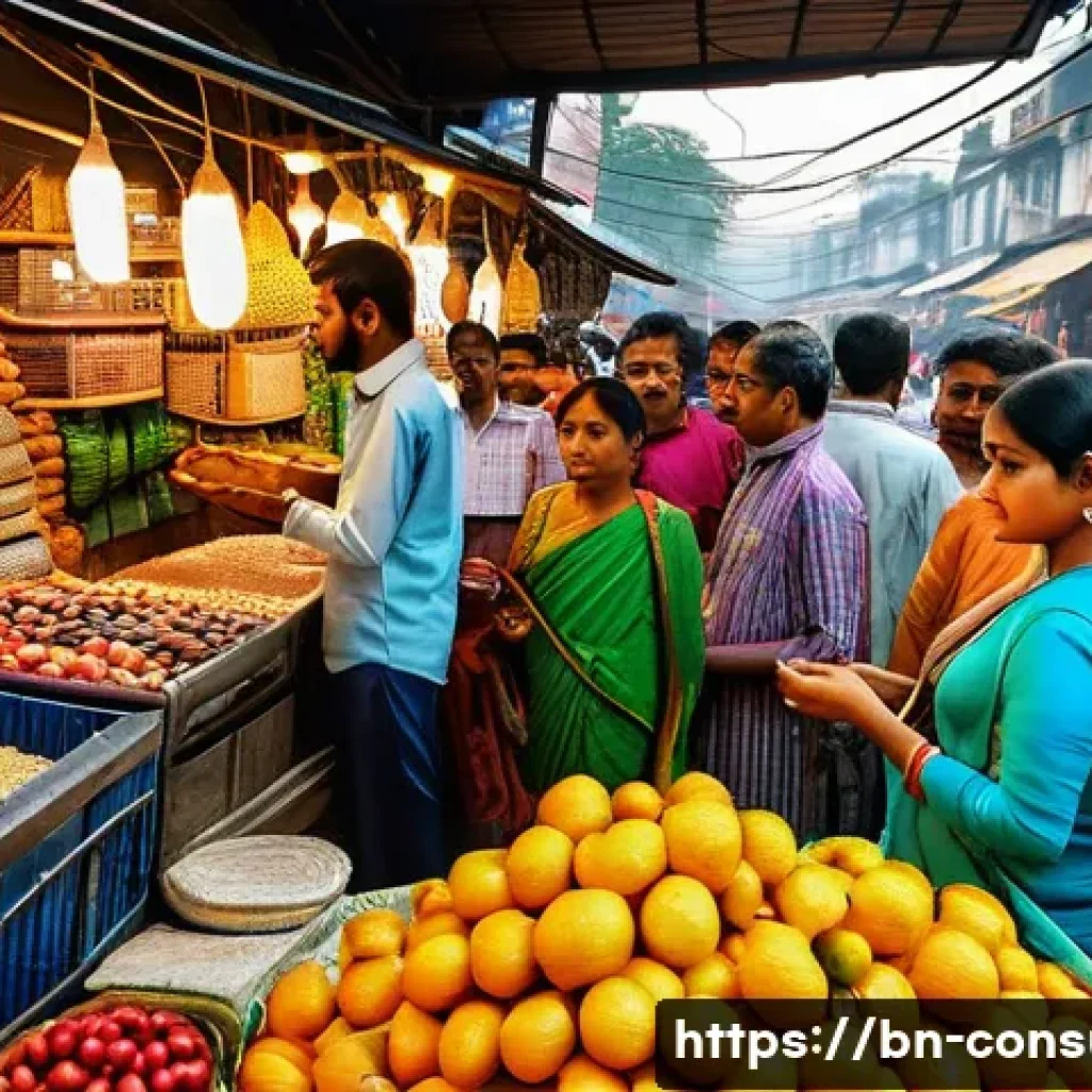 소비자 보호 관련 사례와 해결책 - A busy Bangladeshi marketplace scene depicting diverse Bengali shoppers, including men and women in ...