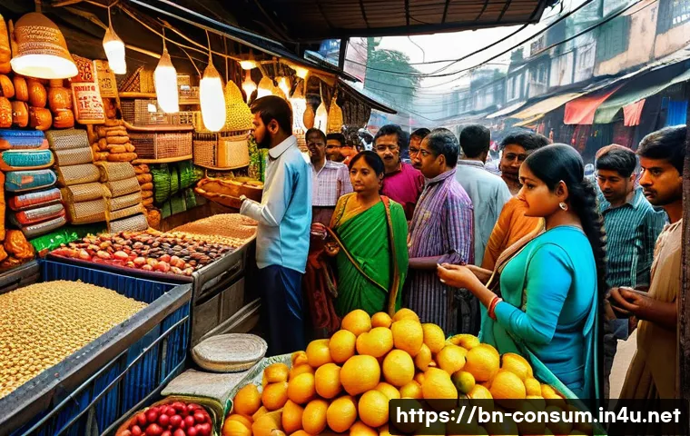 소비자 보호 관련 사례와 해결책 - A busy Bangladeshi marketplace scene depicting diverse Bengali shoppers, including men and women in ...