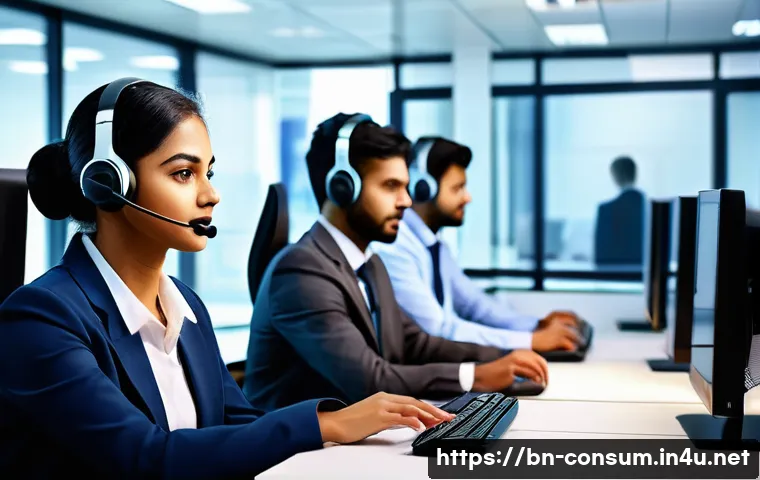 소비자 불만 관리 사례 연구 보고서 - A professional customer service team in a modern office setting, attentively responding to customer ...