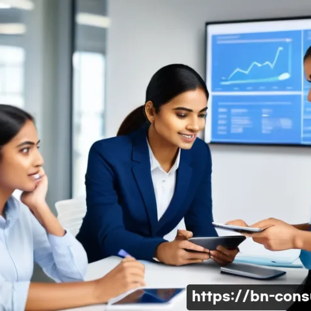 소비자 불만 처리 프로세스 설계 - A professional customer service team in a modern office setting, attentively listening to a Bengali-...