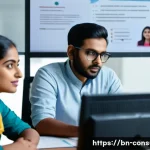 소비자 불만 처리 매뉴얼 개발 프로세스 - A professional customer service team in a modern office environment, attentively listening to a Beng...