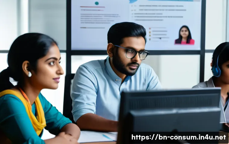 소비자 불만 처리 매뉴얼 개발 프로세스 - A professional customer service team in a modern office environment, attentively listening to a Beng...