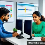 소비자 행동 데이터를 활용한 전략 개발 - A vibrant office scene in Bangladesh featuring a diverse group of professionals analyzing customer b...