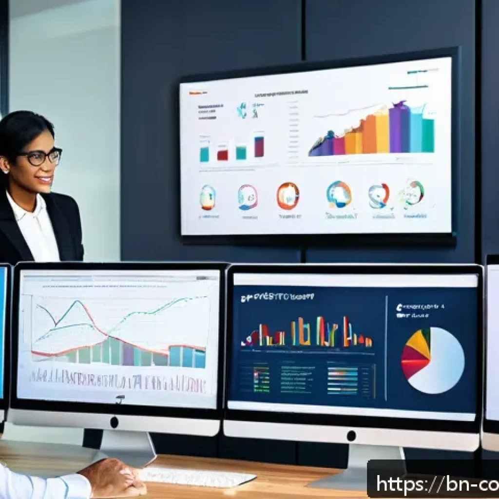 소비자중심 경영 CSM  실무 적용 사례 - A modern office scene showing a diverse team of professionals analyzing colorful data charts and gra...