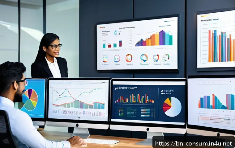소비자중심 경영 CSM  실무 적용 사례 - A modern office scene showing a diverse team of professionals analyzing colorful data charts and gra...