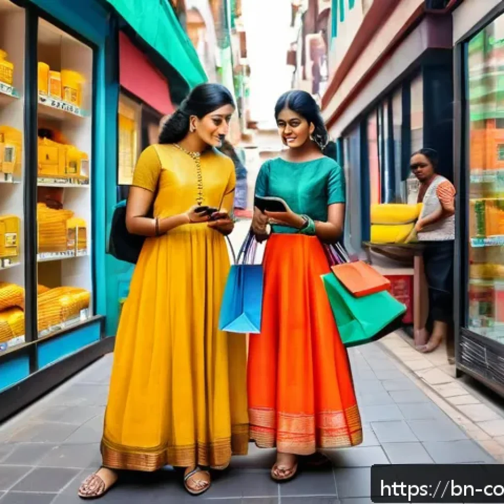 소비자 행동 분석과 디지털 시대의 변화 - A modern e-commerce scene showing a diverse group of Bengali customers shopping on mobile devices, w...
