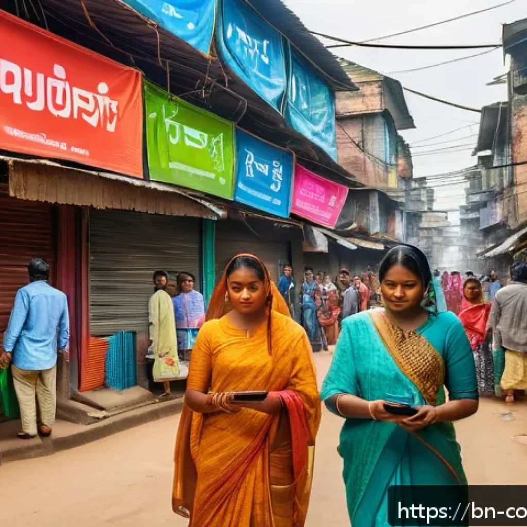 소비자 보호법 관련 최신 동향 분석 - A vibrant digital marketplace scene in Bangladesh showing diverse customers shopping online on vario...