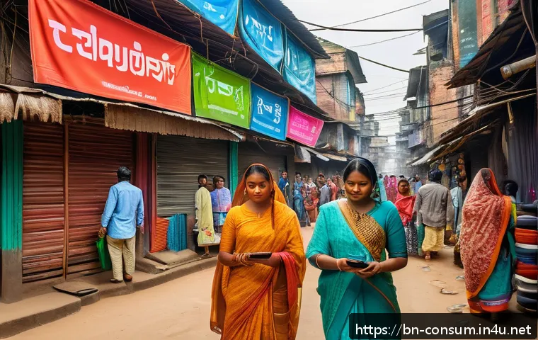 소비자 보호법 관련 최신 동향 분석 - A vibrant digital marketplace scene in Bangladesh showing diverse customers shopping online on vario...