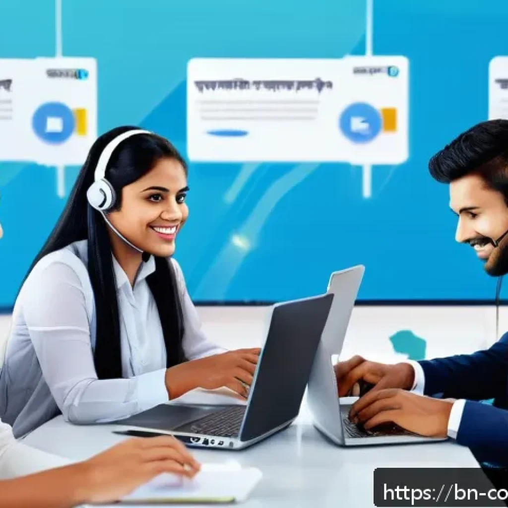 소비자중심 경영 사례 연구 보고서 - A modern digital customer service center scene showing diverse Bengali-speaking customer service age...