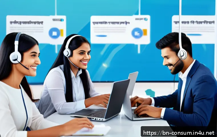 소비자중심 경영 사례 연구 보고서 - A modern digital customer service center scene showing diverse Bengali-speaking customer service age...