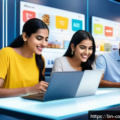 소비자중심 경영과 지속 가능성 전략 사례 연구 - A modern e-commerce setting showing a diverse group of Bengali customers engaging with personalized ...
