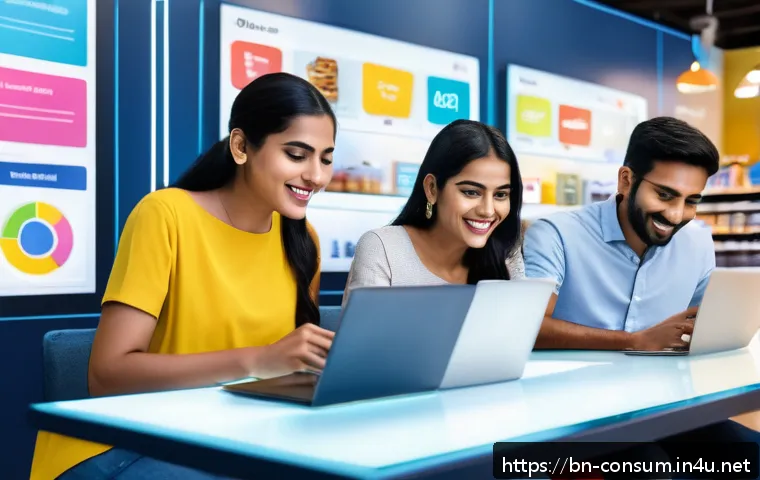 소비자중심 경영과 지속 가능성 전략 사례 연구 - A modern e-commerce setting showing a diverse group of Bengali customers engaging with personalized ...
