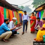 소비자 행동 데이터를 활용한 신제품 개발 - A detailed scene of a Bengali market research team conducting customer feedback surveys in a vibrant...