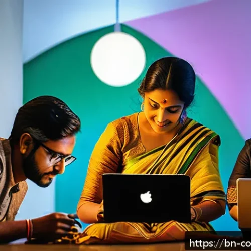 소비자 보호 관련 최신 동향과 사례 연구 - A modern digital marketplace scene showing a diverse group of Bengali consumers browsing an e-commer...